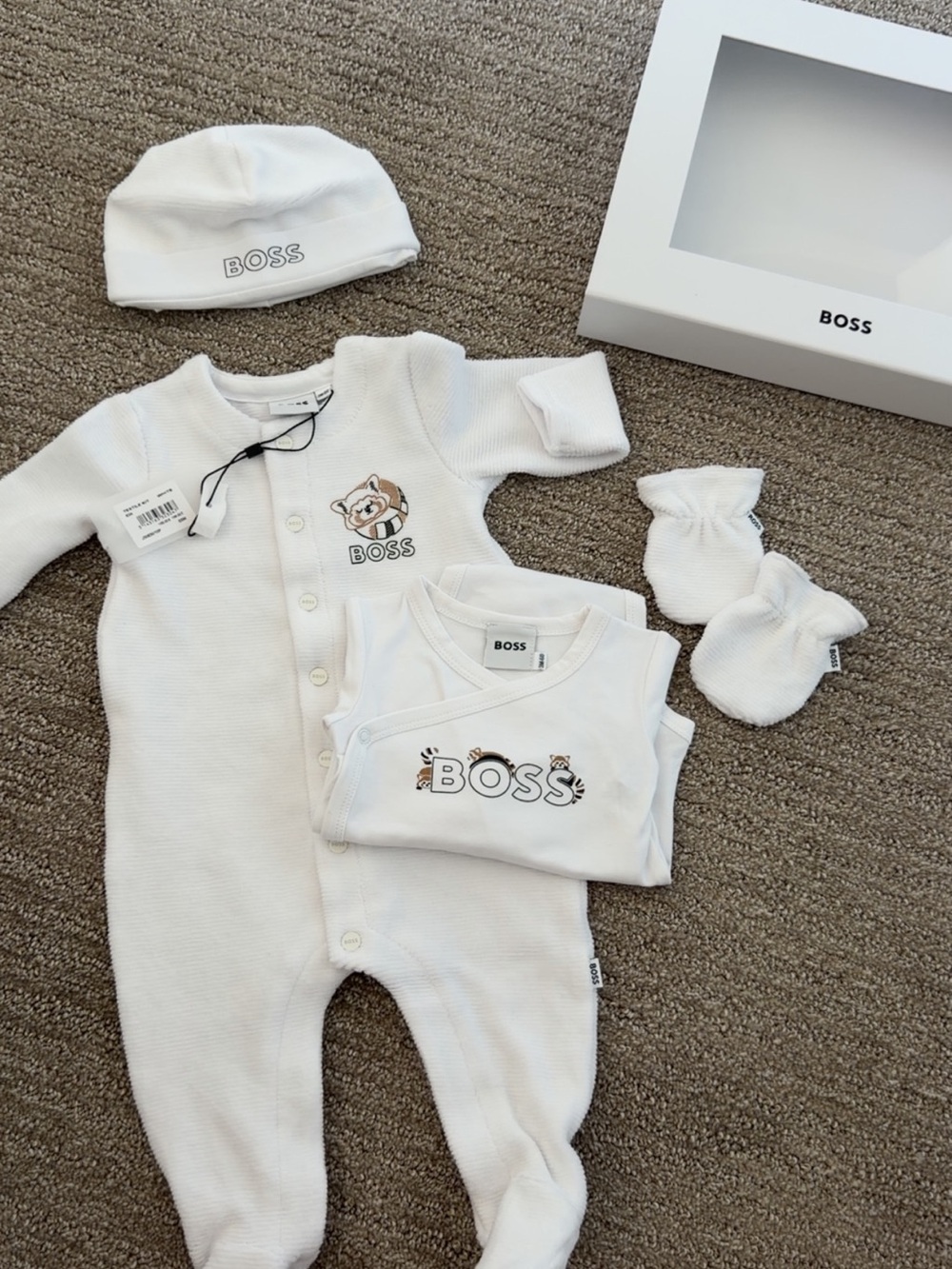 Boss White Baby One-Piece Set with Hat, Mittens & Bodysuit